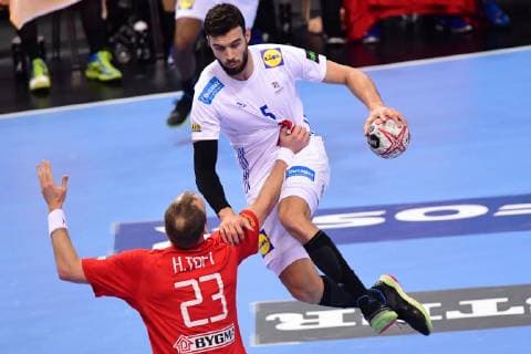 Germany Hamburg Barclay Card Arena IHF Handball World Mens Championship France Nedim Remili FRA Denmark Henrik Toft DK