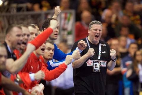 Handball Hamburg 25 01 2019 World Championships 2019 Mens World Championships Semifinals Denmark DAN vs France FRA JACOBSEN Nikolaj Denmark Coach Jubel