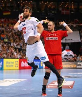 25 01 2019 Handball IHF World Championship Denmark and Germany 2019 Semifinals Denmark France at the Barclaycard Arena Hamburg L R Luka Karabatic France Henrik Toft Hansen Denmark
