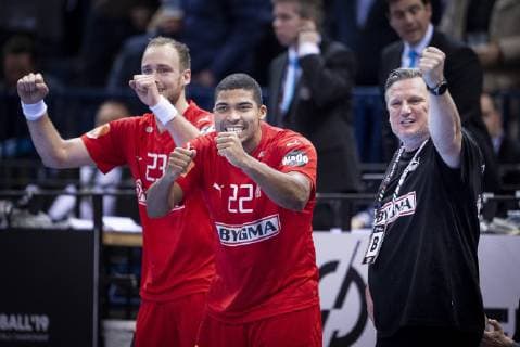 Mads Mensah Henrik Toft Hansen and Head coach Nikolaj Jacobsen of Denmark after the mens IHF Handball World Championship semifinal between Denmark France in Hamburg Germany on Friday Jan 25 2019 Hamburg Denmark,  Copyright: Scanpix LiselottexSabroex COP102 spdk20190125-192624-L