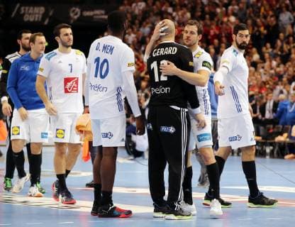 Romain Lagarde Dika Mem Goalkeeper Vincent Gerard Kentin Mahe Nikola Karabatic disappointed after game disappointment sports handball world championship mens semi-final season 2018 2019 25 01 2019 Denmark DEN vs France FRA