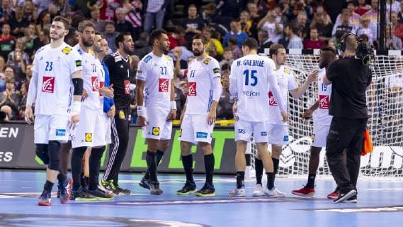 France player Ludovic Fabregas Nr 23 France Luka Karabatic Nr 22 France Cyril Dumoulin Nr 1 France Adrien Dipanda Nr 27 France Nikola Karabatic Nr 13 France Mathieu Grebille Nr 15 France Kentin Mahe Nr 14 France are depressed depressed disappointed Denmark vs France semi final Handball IHF Handball World Championship 25 01 19 Hamburg Hamburg Germany Barclaycard Arena Copyright: xAgentur54Gradx xFelixxKoenigx