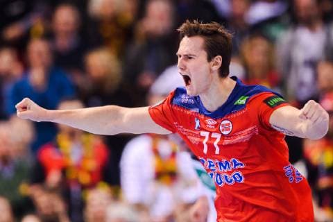 190125 Magnus Abelvik R¿d of Norway celebrates during the IHF World Handball Championship match between Germany and Norway on January 25 2019 in Hamburg Photo Ludvig Thunman BILDBYR u0081N kod LT 35585,  Copyright: LUDVIGxTHUNMAN BB190125LT051