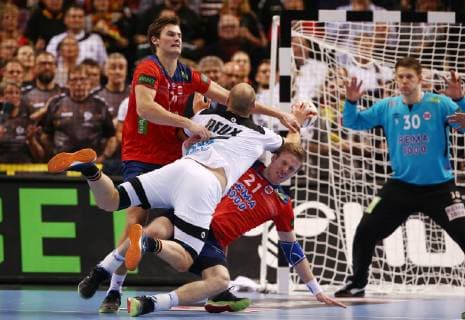 Magnus Rod Paul Drux Magnus Gullerud action game scene duel sport handball world championship world championship men semi-final season 2018 2019 25 01 2019 Germany GER DHB vs Norway NOR
