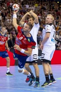 Bjarte Myrhol Nr 8 Norway vs. Fabian Boehm Nr 38 Germany and Patrick Wiencek Nr 7 Germany Germany vs Norway Semifinal Handball IHF Handball World Championship 25 01 19 Hamburg Hamburg Germany Barclaycard Arena Copyright: xAgentur54Gradx xFelixxKoenigx