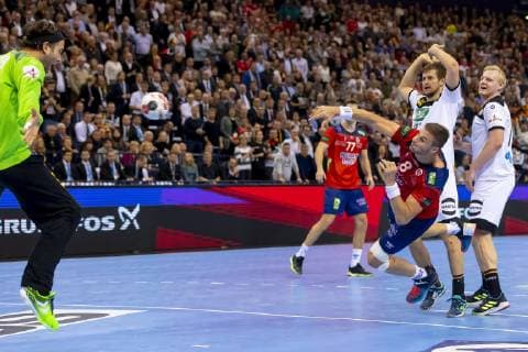 Bjarte Myrhol Nr 8 Norway vs. Fabian Boehm Nr 38 Germany and Patrick Wiencek Nr 7 Germany Germany vs Norway Semifinal Handball IHF Handball World Championship 25 01 19 Hamburg Hamburg Germany Barclaycard Arena Copyright: xAgentur54Gradx xFelixxKoenigx