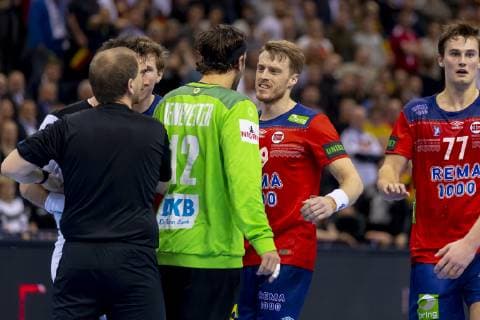 Goalkeeper Silvio Heinevetter No 12 Germany and Henrik Jakobsen No 9 Norway clashed Germany vs Norway Semifinal Handball IHF Handball World Championship 25 01 19 Hamburg Hamburg Germany Barclaycard Arena Copyright: xAgentur54Gradx xFelixxKoenigx