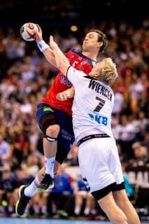 Hamburg 25 January 2019 Handball IHF Men s World Championship 2019 Germany Norway Sander Sagosen Norway 5 Patrick Wiencek Germany 7