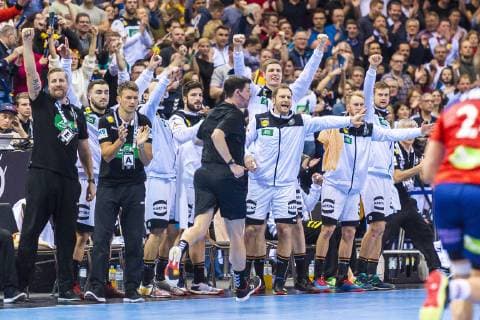 Hamburg Germany 25 January 2019 World Cup 2019 men semi-final Germany vs Norway the team of Germany cheering joy emotion Hamburg Barclaycard Arena Germany
