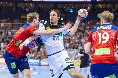 Hamburg Germany 25 January 2019 World Cup 2019 Men Semifinals Germany vs Norway vs Magnus Gullerud Norway GWD Minden Kai Häfner Haefner Germany TSV Hannover Kristian Bjornsen Norway HSG Wetzlar Hamburg Barclaycard Arena Germany