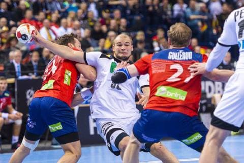Hamburg Germany 25 January 2019 World Cup 2019 Men Semifinals Germany vs Norway vs Christian O Sullivan Norway SC Magdeburg Paul Drux Germany Fox Berlin Magnus Gullerud Norway GWD Minden Hamburg Barclaycard Arena Germany