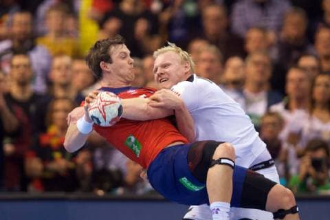 Handball Hamburg 25 01 2019 Mens World Championship 2019 Mens World Championship Germany GER Norway NOR Patrick Wiencek Germany No 07 SAGOSEN Sander Norway No 05