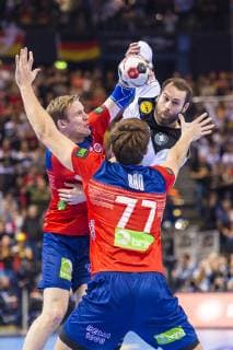 Hamburg Germany 25 January 2019 World Cup 2019 Men Semifinal Germany vs Norway Magnus Gullerud Norway GWD Minden Steffen Fäth Faeth Germany Rhein Neckar Loewen Magnus Abelvik Rod Norway SG Flensburg Handewitt Hamburg Barclaycard Arena Germany