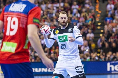 Hamburg Germany 25 January 2019 World Cup 2019 Men Semifinals Germany vs Norway vs Kristian Bjornsen Norway HSG Wetzlar Steffen Faeth Faeth Germany Rhein Neckar Loewen Hamburg Barclaycard Arena Germany