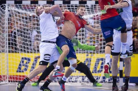 Bjarte Myrhol of Norway and Patrick Wiencek of Germany during the men s IHF Handball World Championship semifinal between Germany Norway in Hamburg Germany on Friday Jan 25 2019 Hamburg Tyskland,  Copyright: Scanpix LiselottexSabroex COP119 spdk20190125-212649-L