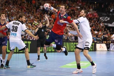 26th Mens Handball World Championship Germany vs Norway 25 01 19 Sander Sagosen Norway 05 vs Hendrik Pekeler Germany 13 and Fabian Boehm Germany 38 xmmkx