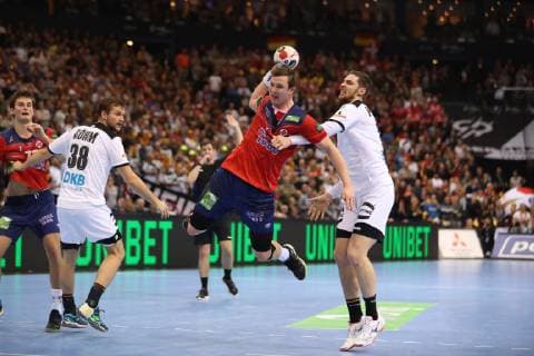 26th Mens Handball World Championship Germany vs Norway 25 01 19 Sander Sagosen Norway 05 vs Hendrik Pekeler Germany 13 and Fabian Boehm Germany 38 xmmkx