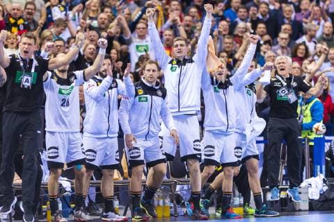 Hamburg Germany 25 January 2019 World Cup 2019 Men Semifinals Germany vs Norway The Team of Germany Jubilation Joy Emotion Finn Lemke Germany MT Melsungen Hamburg Barclaycard Arena Germany