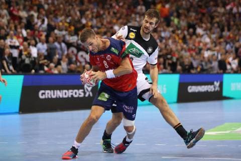 26th Mens Handball World Championship Germany vs Norway 25 01 19 Bjarte Myrhol Norway 08 vs Fabian Boehm Germany 38 xmmkx