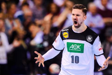 190125 Fabian Wiede of Germany celebrates during the IHF World Handball Championship match between Germany and Norway on January 25 2019 in Hamburg Photo Ludvig Thunman BILDBYR u0081N kod LT 35585,  Copyright: LUDVIGxTHUNMAN BB190125LT081