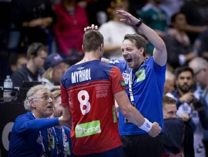 Headcoach Christian Berge and Bjarte Myrhol of Norway after the men s IHF Handball World Championship semifinal between Germany Norway in Hamburg Germany on Friday Jan 25 2019 Hamburg Tyskland,  Copyright: Scanpix LiselottexSabroex COP119 spdk20190125-221203-L