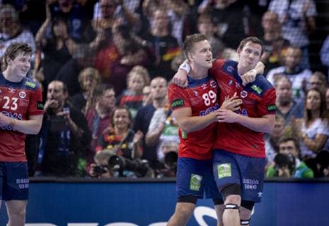 Sander Sagosen Espen Lie Hansen and Goeran Johannessen of Norway after the men s IHF Handball World Championship semifinal between Germany Norway in Hamburg Germany on Friday Jan 25 2019 Hamburg Tyskland,  Copyright: Scanpix LiselottexSabroex COP119 spdk20190125-221312-L