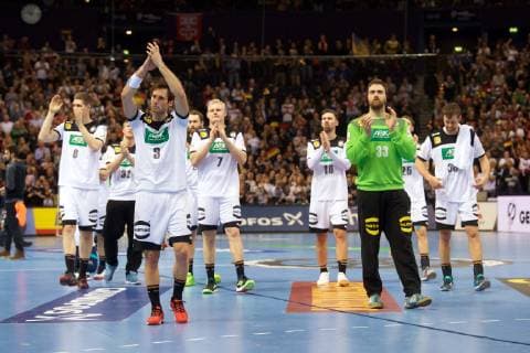 Handball Hamburg 25 01 2019 World Championship 2019 World Championship Mens Semifinals Germany GER Norway NOR Finn Lemke Germany No 06 Patrick Wiencek Germany No 07 Uwe Gensheimer Germany No 03 Andreas Wolff Germany TW No 33 knocked down