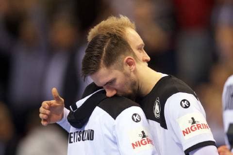 Handball Hamburg 25 01 2019 Mens World Championship 2019 Mens World Championship Germany GER Norway NOR Matthias Musche Germany No 37 Fabian Wiede Germany No 10 re knocked down
