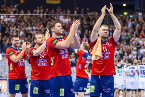 Hamburg Germany 25 January 2019 World Cup 2019 Men Semifinals Germany vs Norway Christian O Sullivan Norway SC Magdeburg Harald Reinkind Norway Magnus Abelvik Rod Norway SG Flensburg Handewitt Final Cheers Emotion Joy Hamburg Barclaycard Arena Germany