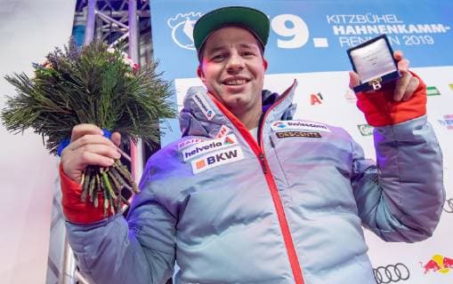 25 01 2019 Streif Kitzbuehel AUT FIS World Cup Alpine Ski Downhill Mens Downhill Beat Feuz SUI 2 Place second placed Beat Feuz of Switzerland during the winner Ceremony for the men s Downhill of FIS Ski Alpine World Cup at the Streif in Kitzbuehel Austria on 2019 01 25 Kitzbuehel  EX_GRO