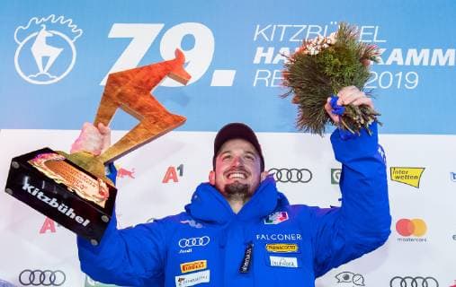 25 01 2019 Streif Kitzbuehel AUT FIS World Cup Alpine Ski Downhill Mens Downhill Mens Award Ceremony in picture Dominik Paris ITA 1 place race winner Dominik Paris of Italy during the winner Ceremony for the men s Downhill of FIS Ski Alpine World Cup at the Streif in Kitzbuehel Austria on 2019 01 25 Kitzbuehel  EX_GRO