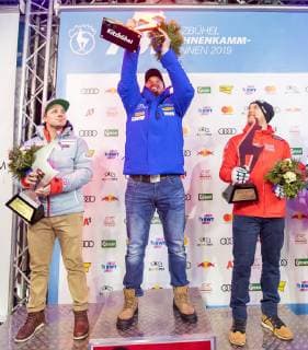 25 01 2019 Streif Kitzbuehel AUT FIS World Cup Alpine Ski Downhill Mens Downhill Mens Award Ceremony in picture v l Beat Feuz SUI 2 place Dominik Paris ITA 1 place Otmar Striedinger AUT 3 place f l second placed Beat Feuz of Switzerland race winner Dominik Paris of Italy third placed Otmar Striedinger of Austria during the winner Ceremony for the men s Downhill of FIS Ski Alpine World Cup at the Streif in Kitzbuehel Austria on 2019 01 25 Kitzbuehel  EX_GRO