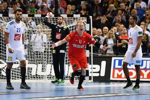 (190126) -- HAMBURG, Jan. 26, 2019 -- Anders Zachariassen (C) of Denmark celebrates scoring during the IHF Men s Handball World Championship WM Weltmeisterschaft semifinals between Denmark and France in Hamburg, Germany, on Jan. 25, 2019. Denmark won 38-30. ) ) (SP)GERMANY-HAMBURG-MEN S HANDBALL-WORLD CHAMPIONSHIP-SEMIFINAL UlrichxHufnagel 