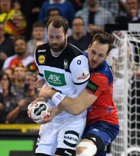 Steffen Fäth Germany and Christian O Sullivan Norway in duel Germany Norway Germany Norway IHF Handball World Championship 2019 Handball World Championship 2019 Men Men Men Men Handball Germany Germany Semifinals Match 2 half final Hamburg 25 1 2019