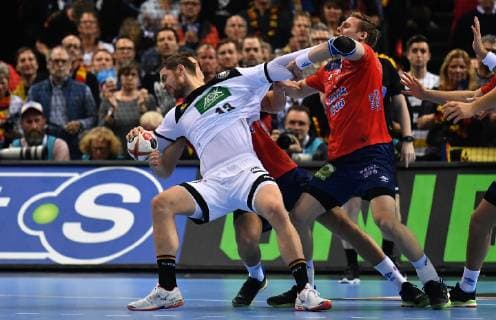 Hendrik Pekeler Germany and Magnus Gullerud Norway in duel Germany Norway Germany Norway IHF Handball World Championship 2019 Handball World Championship 2019 Men Men Men Men Handball Germany Germany Semifinal Match 2 2 half final Hamburg 25 1 2019