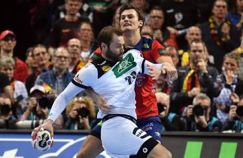 Steffen Fäth Germany and Magnus Rod Magnus Roed Norway in duel Germany Norway Germany Norway IHF Handball World Championship 2019 Handball World Championship 2019 Men Men Men Men Handball Germany Germany Semifinal Match 2 half final Hamburg 25 1 2019