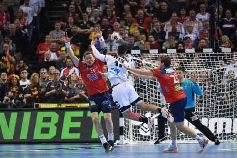 Fabian Wiede Germany left in throw Magnus Gullerud Norway right Goran Johannessen Norway Germany Norway Norway IHF Handball World Championship 2019 Handball World Championship 2019 Men Men Men Handball men Handball Germany Germany Semifinal Game 1 half final Hamburg 25 1 2019