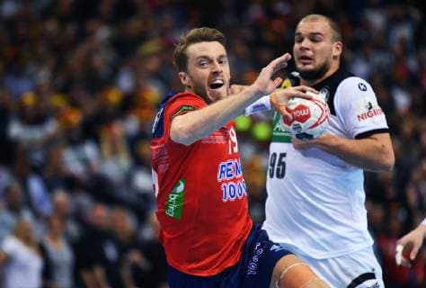 Kristian Bjornsen Kristian Bjoernsen Norway on and behind Paul Drux Germany Germany Norway Norway IHF Handball World Championship 2019 Handball World Championship 2019 Men Men Men Handball Germany Germany Semifinals Match 1 half final Hamburg 25 1 2019