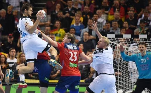 Fabian Böhm Germany right Goran Johannessen Norway Patrick Wiencek Germany Germany Norway Norway IHF Handball World Championship 2019 Handball World Championship 2019 Men Men Men Handball men Handball Germany Germany Semifinal Game 1 half final Hamburg 25 1 2019