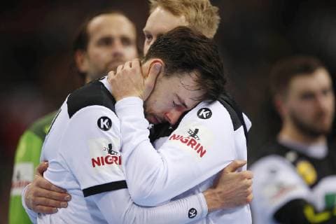Hamburg Germany Indoor handball World Cup in Hamburg Semifinal Germany Norway on 25 01 2019 in the Barclaycard Arena in Hamburg Matthias Musche GER 37 covertly comforts Patrick Groetzki GER 24 purl