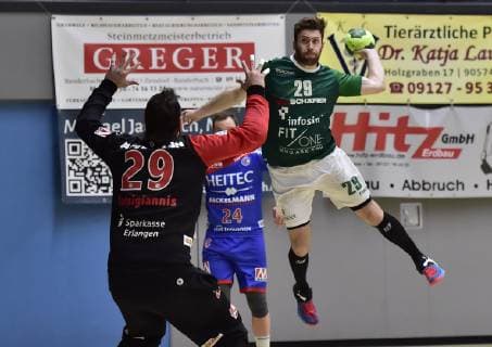 26 01 2019 Handball Season 2018 2019 Test match Friendship match HC Erlangen HCE Rimpar Wolves OGo Nikolas Katsigiannis 29 HC Erlangen HCE Max Bauer 29 DJK Rimpar Wolves