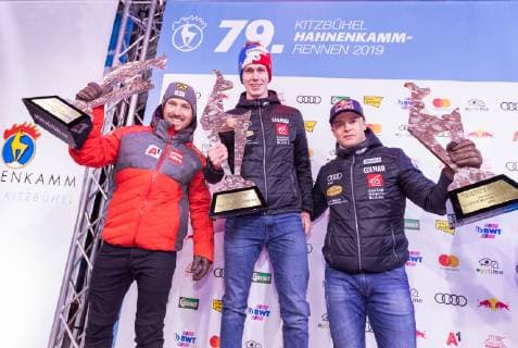 AUT FIS World Cup Ski Alpin Kitzbühel 26 01 2019 Streif Kitzbühel AUT FIS World Cup Ski Alpin Slalom Men Award Ceremony v l Marcel Hirscher AUT 2 Place Clement Noel FRA 1 Place Alexis Pinturault FRA 3 Place f l second placed Marcel Hirscher of Austria winner Clement Noel of France third placed Alexis Pinturault of France during the winner Ceremony for the men s Slalom of FIS Ski Alpine World Cup at the Streif in Kitzbühel Austria on 2019 01 26 Kitzbuehel Tirol Austria Streif Kein Release verfügbar