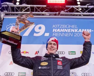 AUT FIS World Cup Ski Alpin Kitzbühel 26 01 2019 Streif Kitzbühel AUT FIS World Cup Ski Alpin Slalom Men Award ceremony in picture Clement Noel FRA 1 place winner Clement Noel of France during the winner Ceremony for the men s Slalom of FIS Ski Alpine World Cup at the Streif in Kitzbühel Austria on 2019 01 26 Kitzbuehel Tirol Austria Streif Kein Release verfügbar