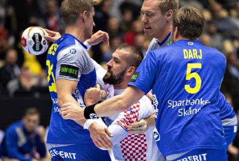 Handball, WM, Spiel um Platz 5, Kroatien - Schweden January 26, 2019 - Herning, Denmark - Linus Arnesson, Sweden and Max Darj, Sweden is blocking Zeljko Musa (28), Croatia during the handball match for the 5th and 6th place between Croatia and Sweden in Jyske Bank Boxen in Herning during the 2019 IHF Handball World Championship WM Weltmeisterschaft in Germany Denmark. Handball 2019: Croatia-Sweden - ZUMAm173 20190126_zsp_m173_012 Copyright: xLarsxMoellerx