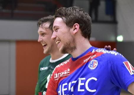 26 01 2019 Handball Season 2018 2019 Test match Friendship match HC Erlangen HCE Rimpar Wolves OGo Patrick Schmidt 17 DJK Rimpar Wolves Dominik Mappes 22 HC Erlangen HCE laugh
