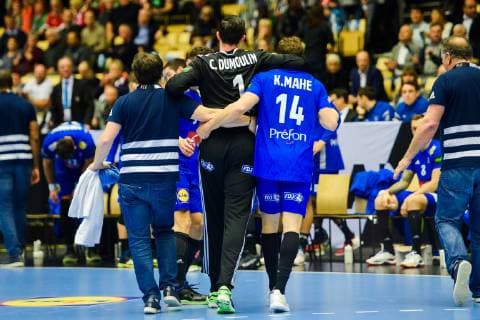 190127 goalkeeper Cyril Dumoulin of France receives help of the pitch during the IHF World Handball Championship bronze medal game between Germany and France on January 27 2019 in Herning Photo Ludvig Thunman BILDBYR u0081N kod LT 35587,  Copyright: LUDVIGxTHUNMAN BB190127LT008