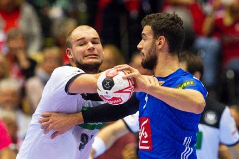 190127 Paul Drux of Germany and Nedim Remili of France during the IHF World Handball Championship bronze medal game between Germany and France on January 27 2019 in Herning Photo Ludvig Thunman BILDBYR u0081N kod LT 35587,  Copyright: LUDVIGxTHUNMAN BB190127LT015