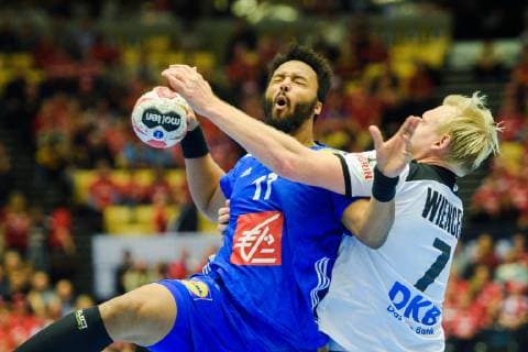 190127 Timothey Guessan of France and Patrick Wiencek of Germany during the IHF World Handball Championship bronze medal game between Germany and France on January 27 2019 in Herning Photo Ludvig Thunman BILDBYR u0081N kod LT 35587,  Copyright: LUDVIGxTHUNMAN BB190127LT033