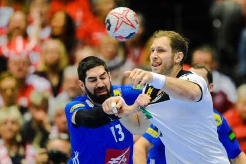 190127 Nikola Karabatic of France and Steffen Weinhold of Germany during the IHF World Handball Championship bronze medal game between Germany and France on January 27 2019 in Herning Photo Ludvig Thunman BILDBYR u0081N kod LT 35587,  Copyright: LUDVIGxTHUNMAN BB190127LT038