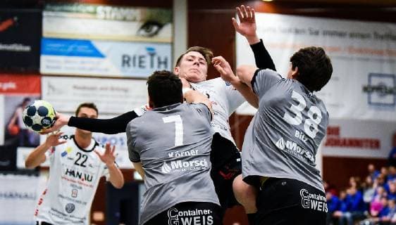 27 01 2019 xpsx Handball 3 League HSG Hanau SG Nussloch v l Sebastian Koerner Nussloch Jan Eric Ritter Hanau Kevin Bitz Nussloch Hanau Hessen Germany DEU